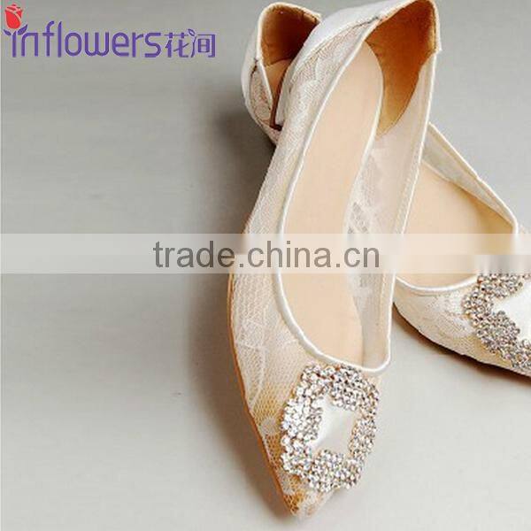 OEM ODM lace material rhinestone quality fashion Ladies Flat Shoes 2016