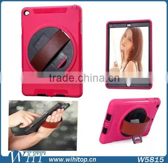 Genuine Leather Hand Strap Rotating 3 Layer Heavy Duty Hybrid Armor Case for iPad Mini 1 2 3, with Touchable Screen
