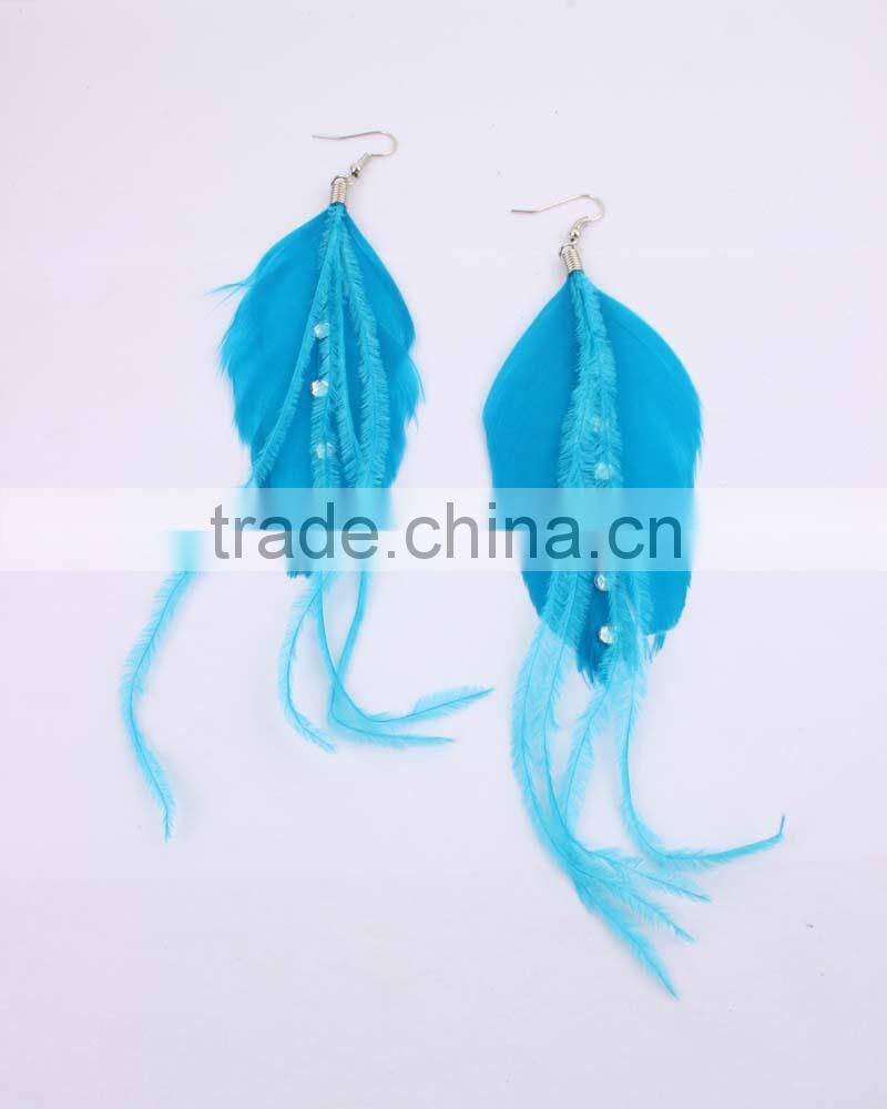 Sky blue Long feather earring with cheap feather dangle drop earring for girls wholesale