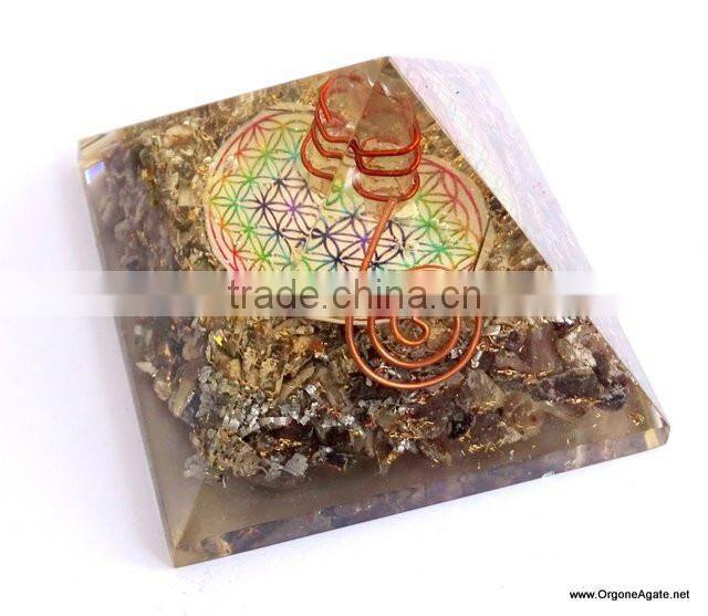 Big Orgone Energy Blue Aventurine Pyramid With Flower Of Life Symbol And Crystal Point | Flower Of Life Pyramid