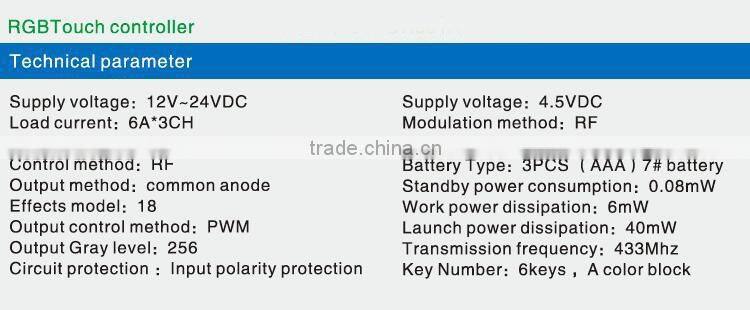 12V~24VDC 6A 6-keys RF glass panel light touch controller/Dimmer