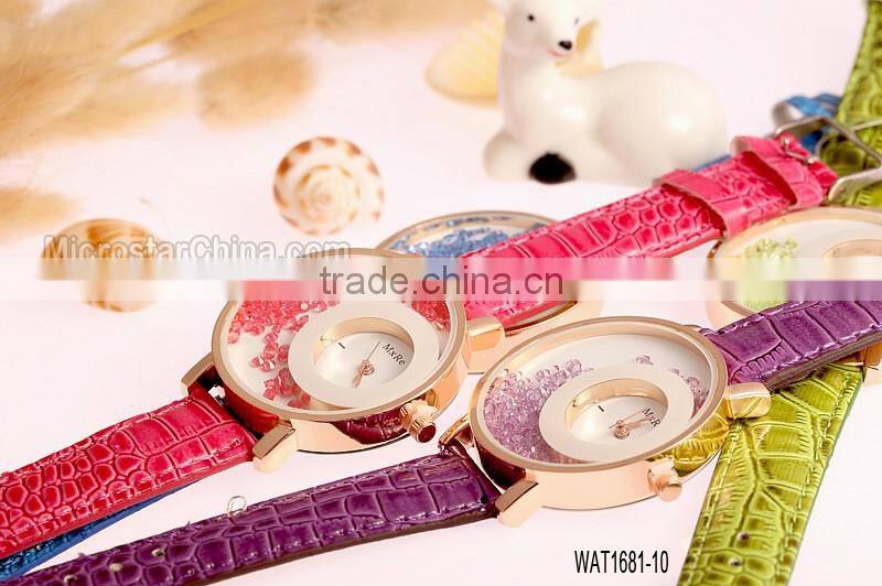 Elegant Women Quicksand Faux Leather Band Bracelet Round Dial Analog Wrist Watch