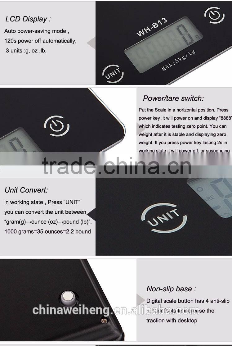WH-B13L tempered glass manual electronic digital kitchen scale 5kg
