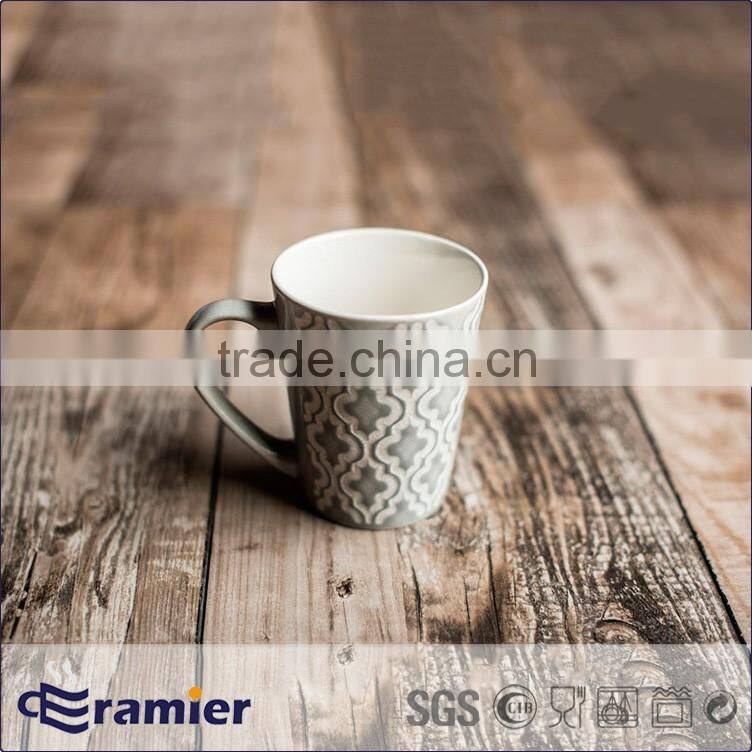 Ceramic stoneware 12oz v shape mug with handpainted grids design
