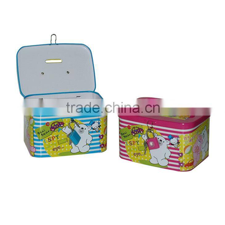 Tinplate money bank with handle and lock