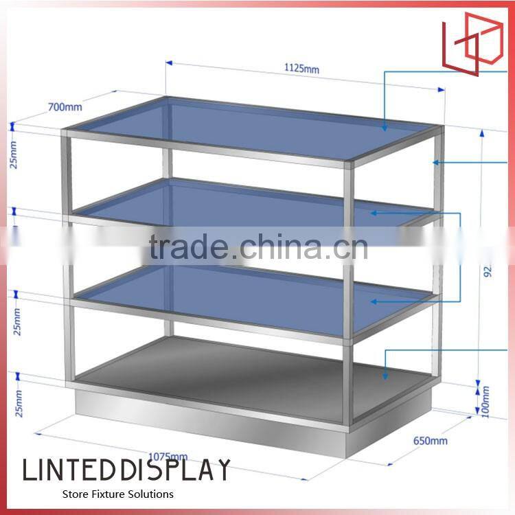 Store wall showcase design with glass shelf display rack for shopping mall
