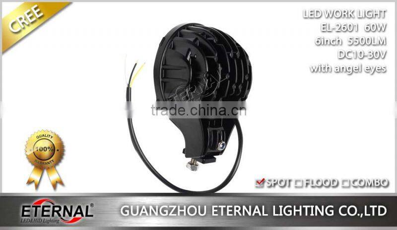 6in 60W round led work light with halo angel eyes for Jeep wrangler motorcycle powersports 4x4 racing vehicles