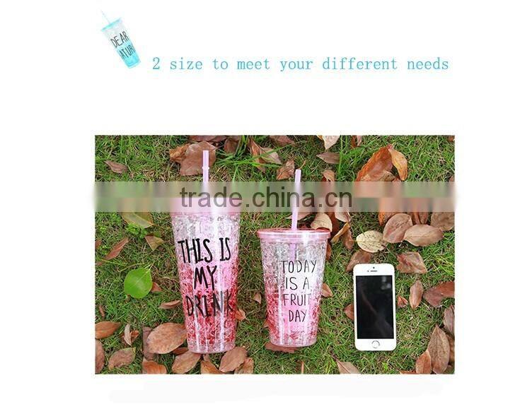 double wall plastic drinking mug with straw summer ice cup