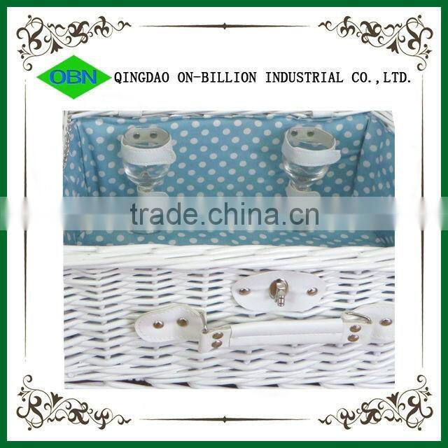 Mini white wicker 100% hand woven willow picnic basket for 2 person
