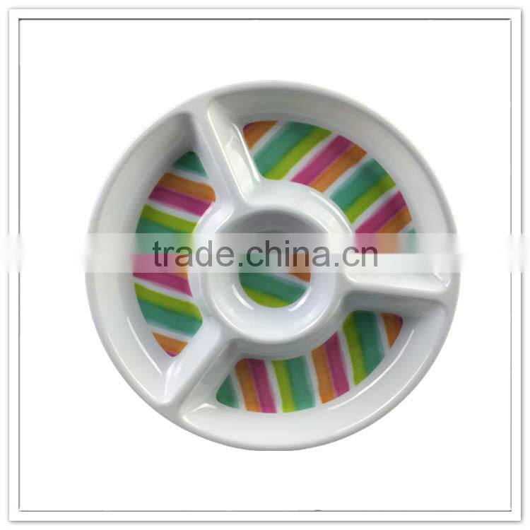 Restaurant melamine chip dip, 5 compartment round hotel used dinner plates