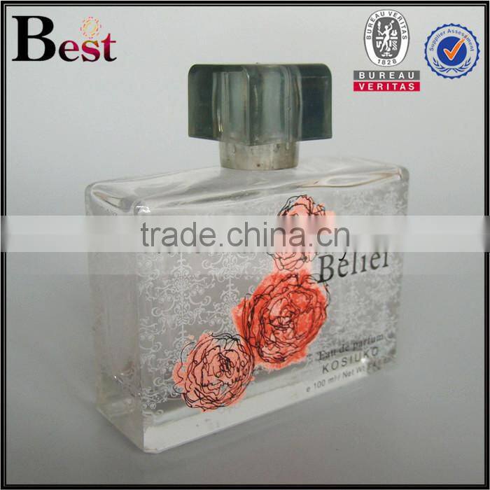 2017 cosmetic perfume bottle 100ml glass square perfume bottle 100ml glass clear perfume bottle 100ml glass with decals
