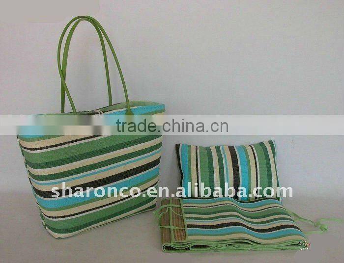 Candy strip paper straw fabric beach bag with handle