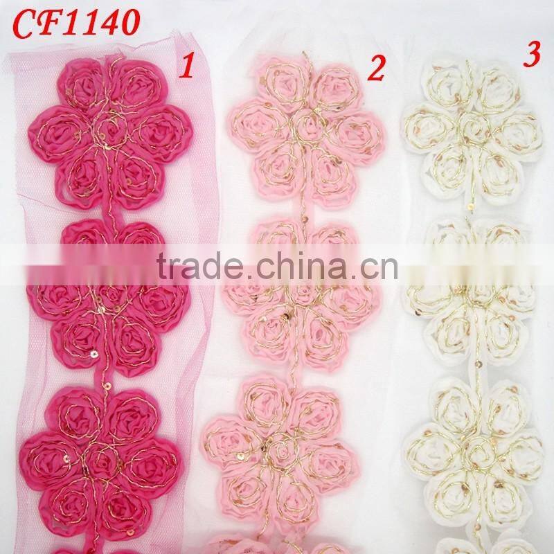 New latest csutom gold line chiffon flower applique work designs for dress