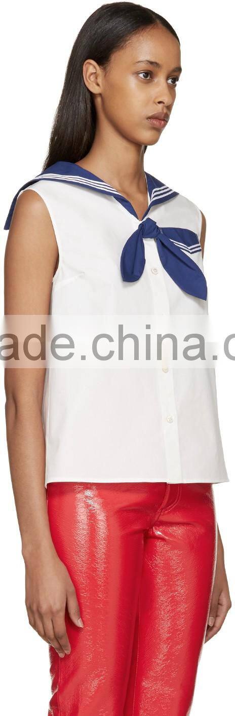2016 Fashion Sleeveless White and Navy Sailor Blouse HST8010