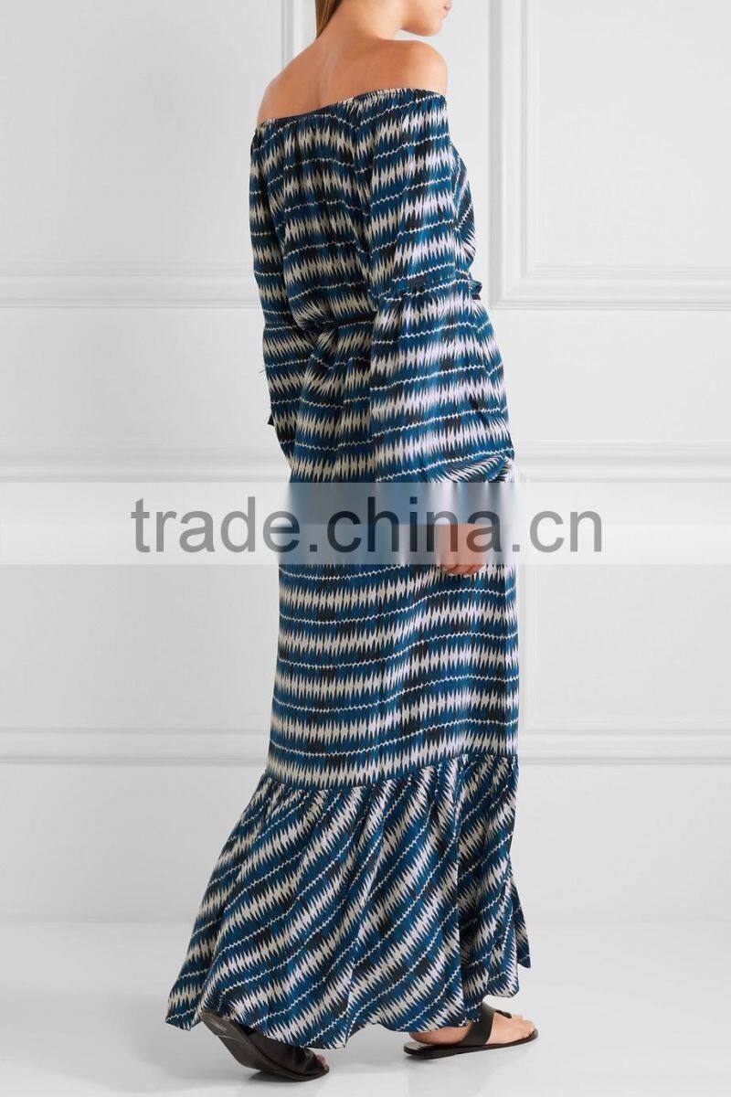Elegant Blue Off-The-Shoulder Printed Silk Fabric Maxi Dress Frock Designs Names Of Ladies Drsses 2016 HSD5681