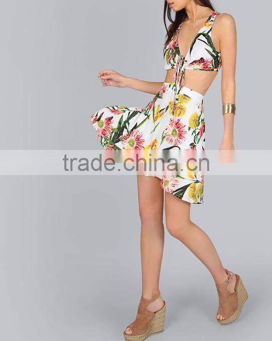 Sexy summer beach print crop top and skirt wholesale ladies summer beach clothing
