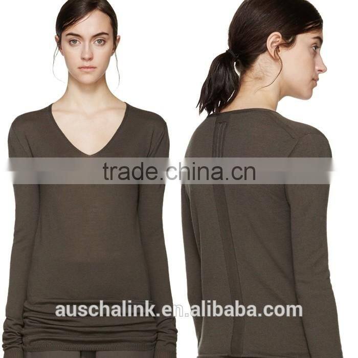 new style grey pure wool long sleeve V neck sweater design for girls