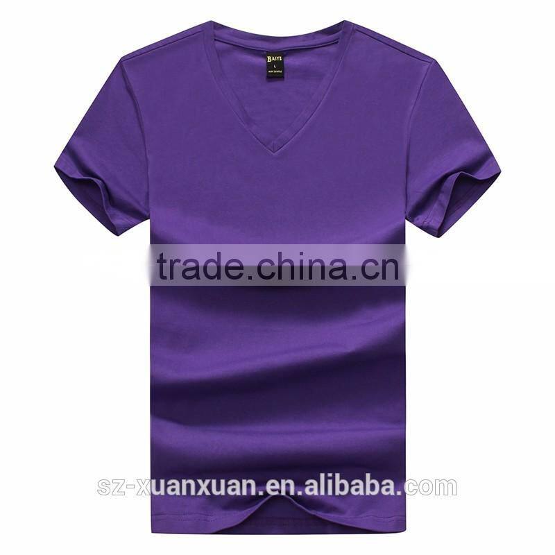 Cheap plain printing pure color cotton men v-neck t-shirt wholesale China