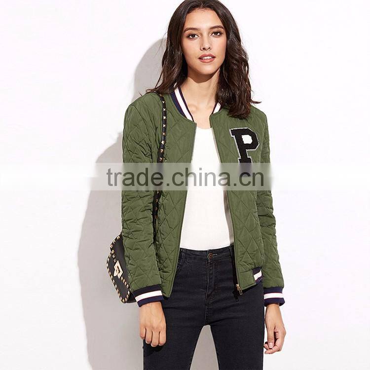 HAODUOYI Women Warm Solid Letter embroidery Lattice Street Zipper Bomber Jacket
