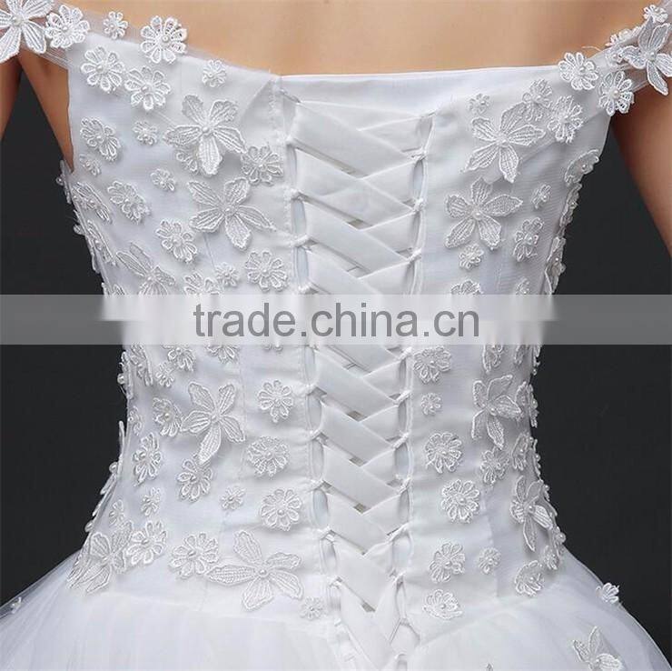 MGOO Stock Off Shoulder Flower Emboridery Beaded Back Straps Crossover Wedding Dress Bride Princess Dress