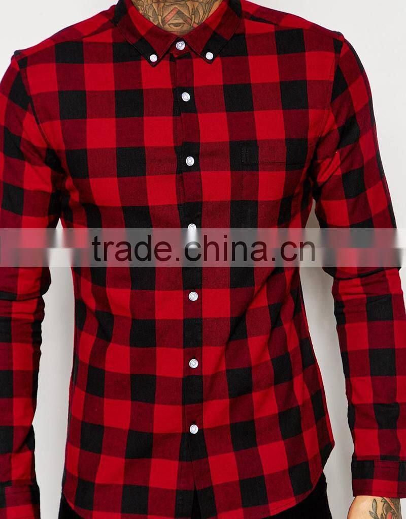 Skinny Shirt in Burgundy Buffalo Check with Long Sleeves
