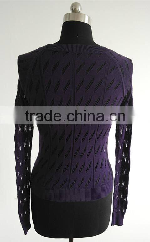 ladies purple color ajour knitted pullover sweater 2014