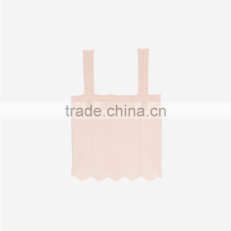 Stitched knit geometric motifs wavy hem wide straps design tank tops