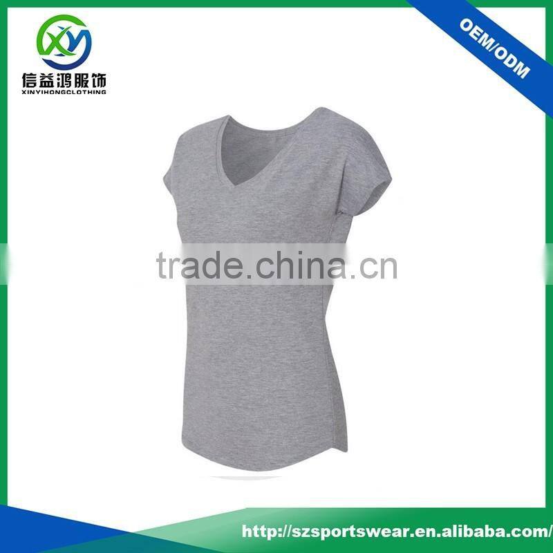 New Design 92%Polyester 8%Spandex V-neck Women Sport T Shirt With Curve Bottom