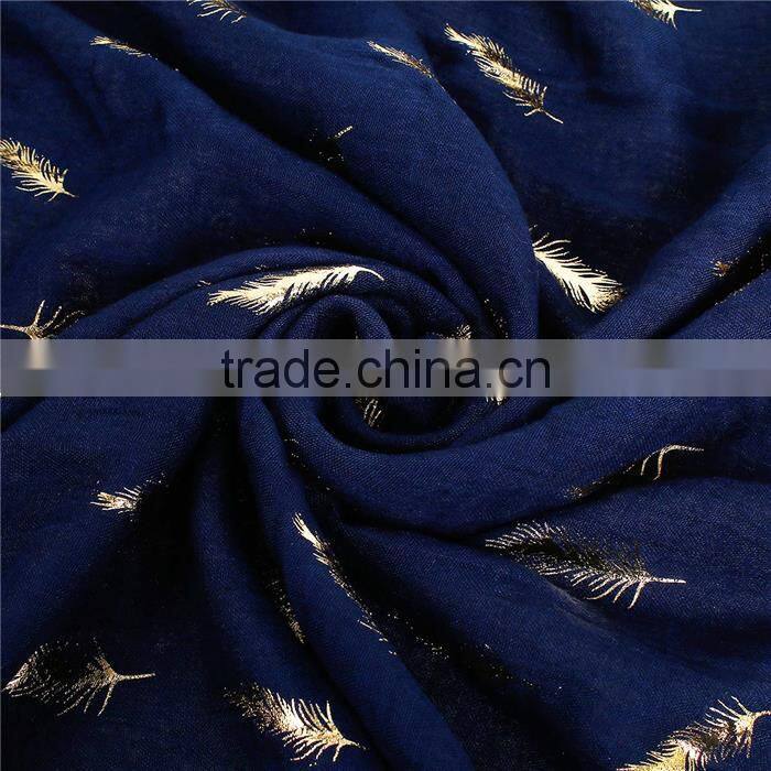 Cotton Polyester Blend Scarves & Wraps Rectangle Golden Navy Blue Feather Scarf For Women