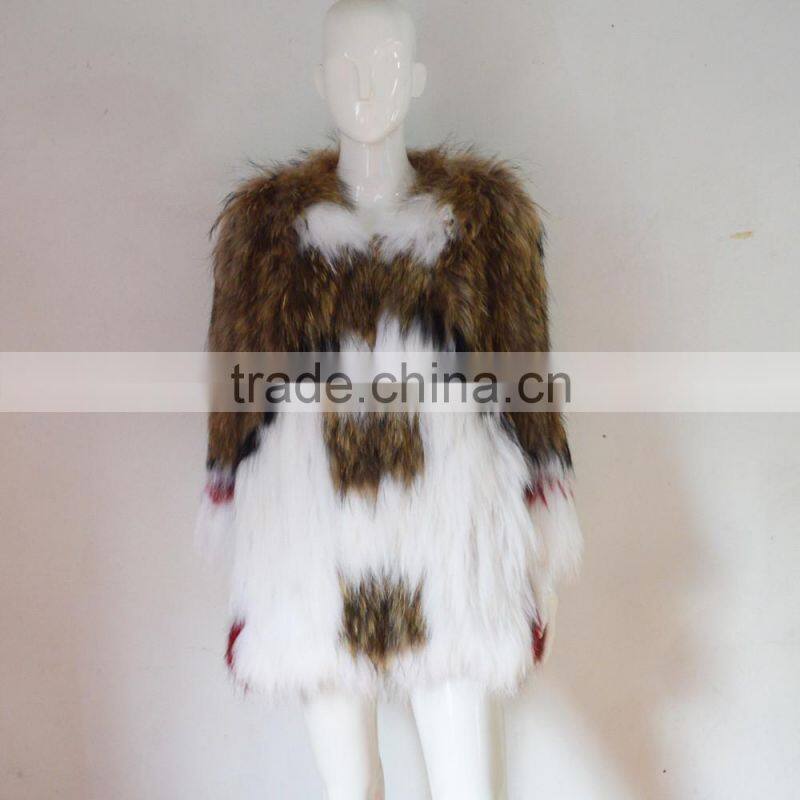 SJ045-01 China Glossy Sumptuous Raccoon Knitted Fur Coats/Women Coats with out Lining/Multicolor Fur Coats