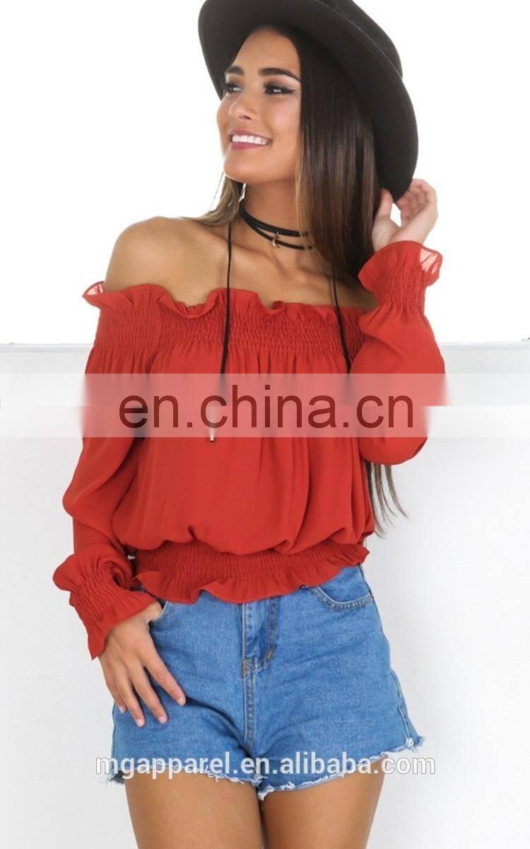New design long sleeve ladies off shoulder crop top,women off shoulder blouse