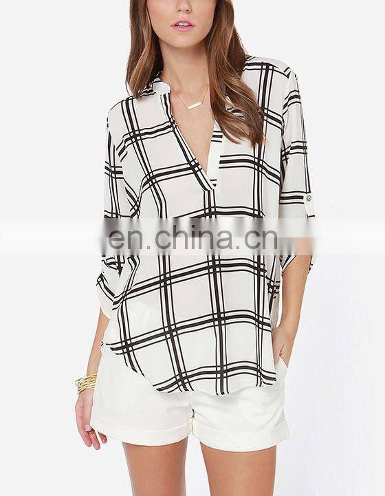 CHEFON Roll tab half sleeve deep v neck plaid print fashion patterns of chiffon blouses