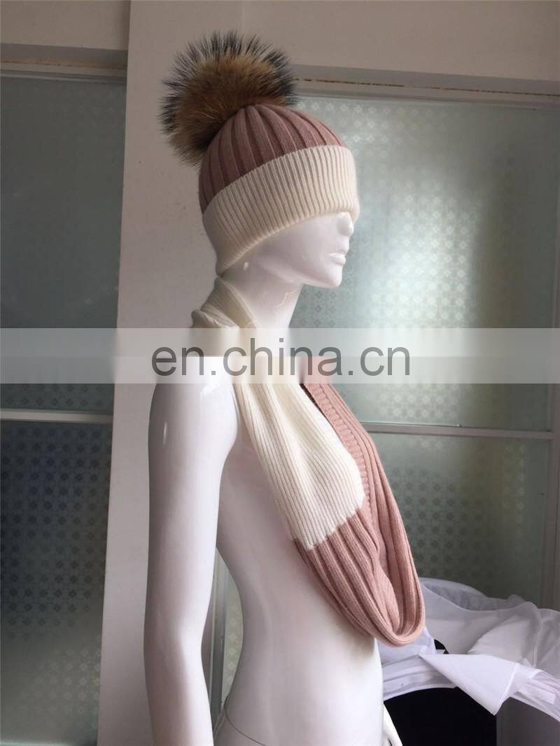 Wholesale Knitted Wool Cashmere Scarves Raccoon Fur Pom Hat Scarf Combination