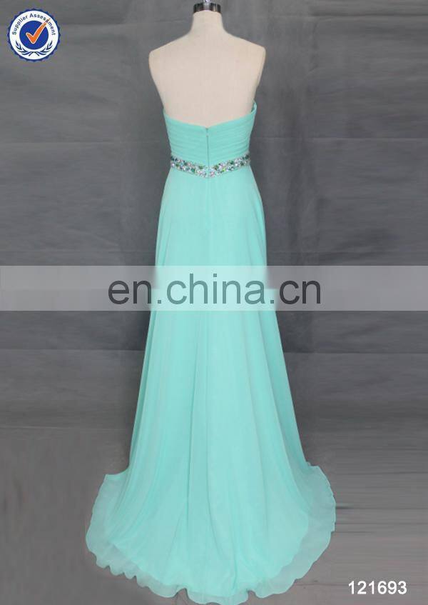 Simple design chiffon sweep train turquoise blue bridesmaid dresses with beaded belt