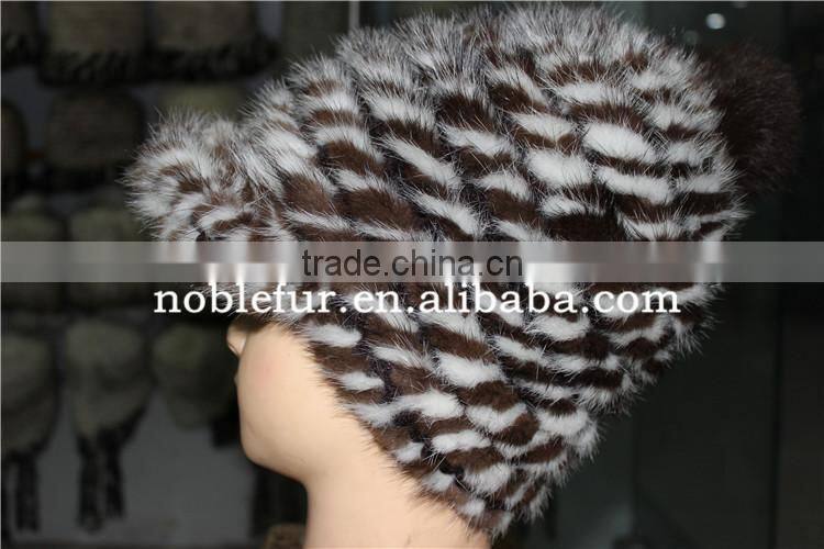 high quality fancy mink fur and fox fur ball/pretty knitted headwear with pompom