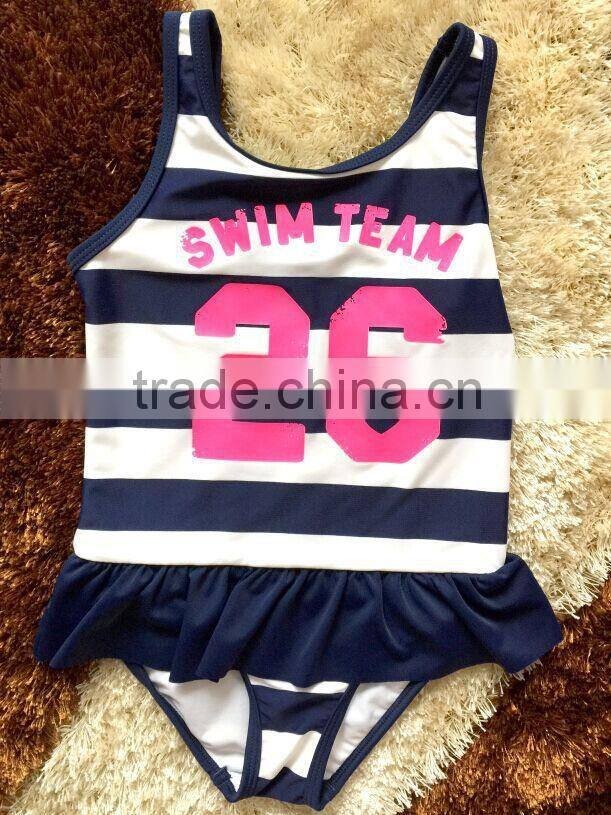white and black stripes children swimwear,with a customized printing on front, one piece kids swimsuit,girls swimwear