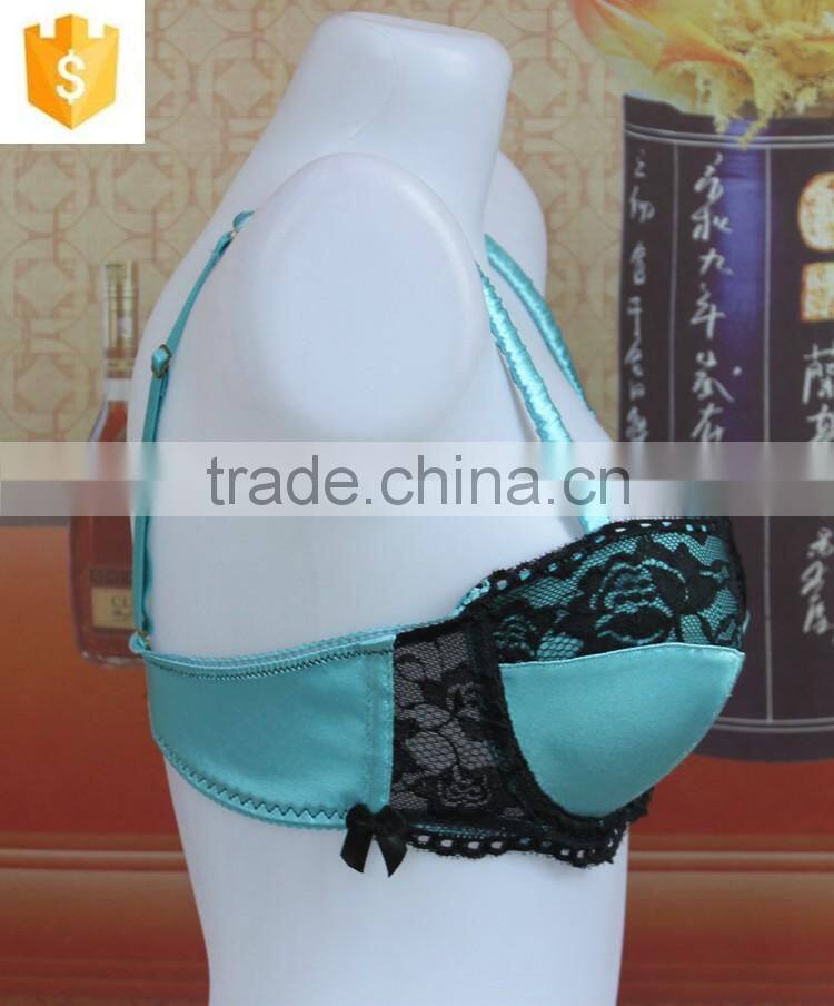 Blue satin mature bra,sexy lace full cup lady bra