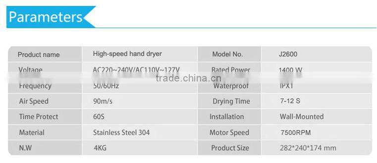 KUAIERTE 2015 High speed hand dryer K2013 wall mounted High Speed Bathroom Automatic hand dryer