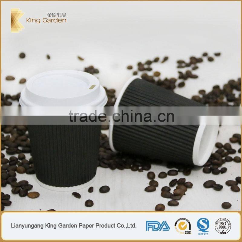 Black color vertical type ripple wall coffee cups with lids