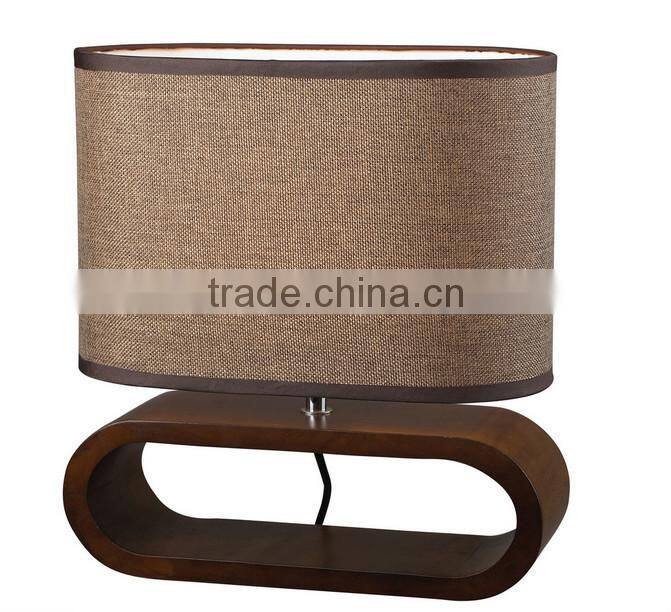 North European Style Vintage wooden base table lamp, Brown linen lamp shade, oval brown wood base