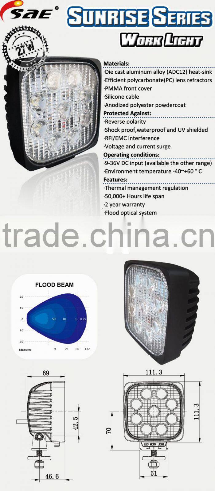 27w auto led work light with trucks suv atv jeep off road