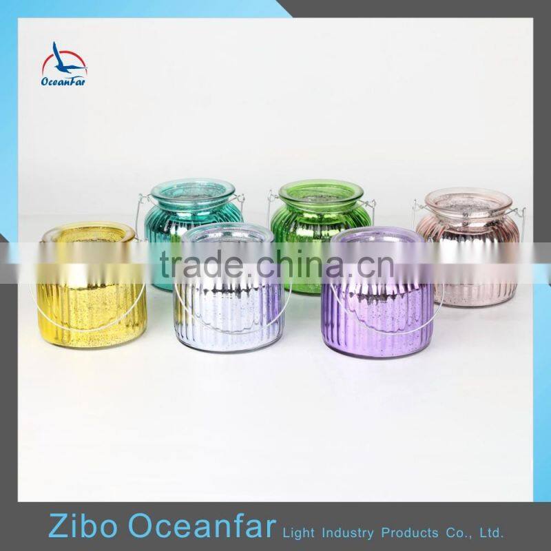 Eco-friendly Electroplate Glass Candle Holder Ribbed Colored Vintage Candle Jar