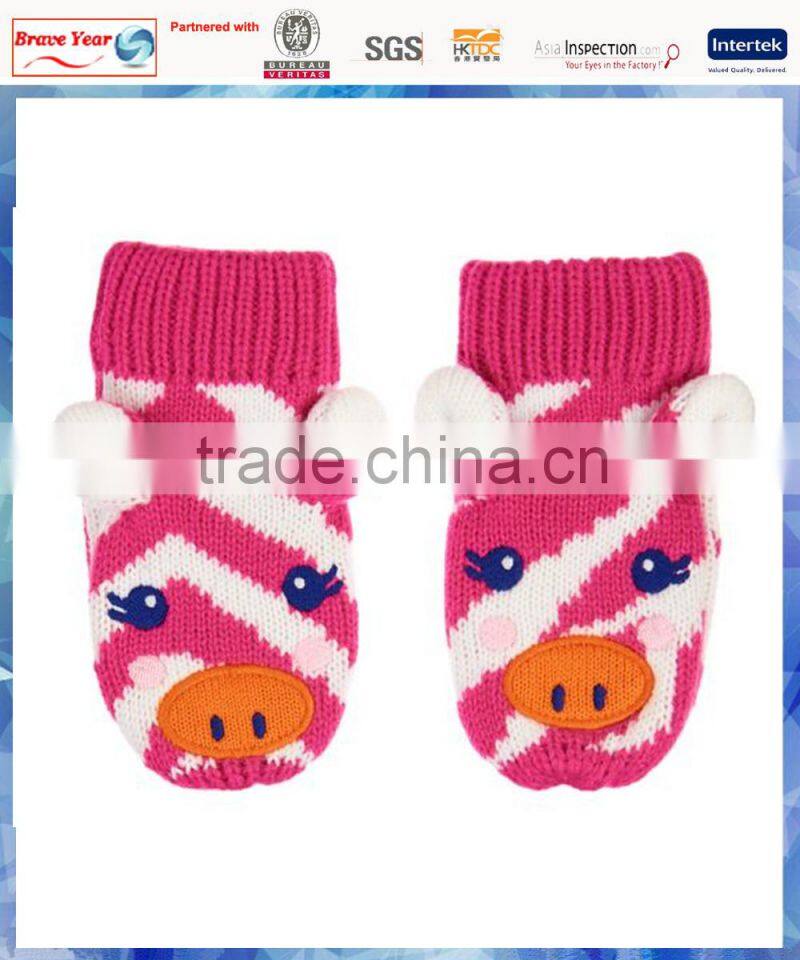zebra stripe warm knit gloves with 3D ears for kids
