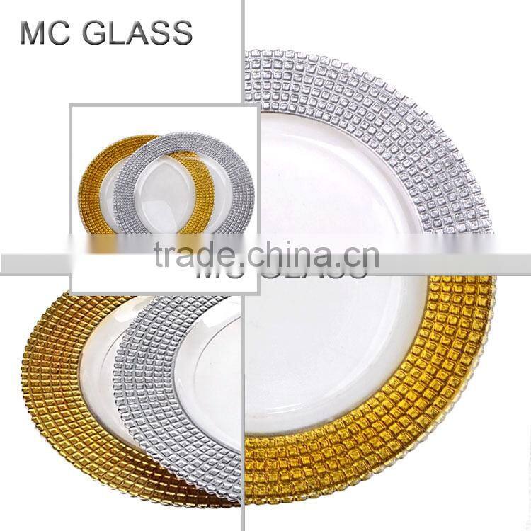 Wholesale Cheap Plates Wedding and Home Decor Gold Silver Trim Glass Charger Plate