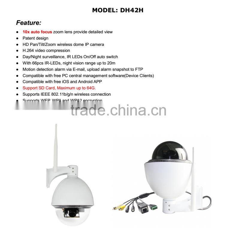 H.264 1080P wireless 10x Zoom ip ir speed dome camera, best price CCTV ptz camera support p2p 10x zoom ip camera.