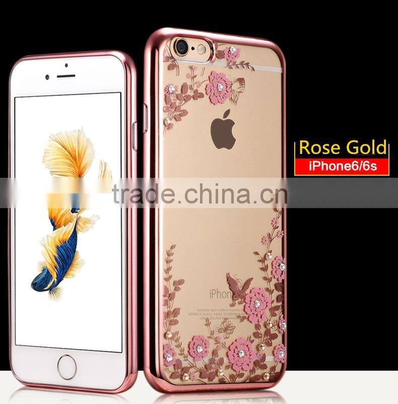 Hot Selling Luxury Garden Style Crystal Clear Soft TPU Diamante Eletroplated Case for Iphone 6