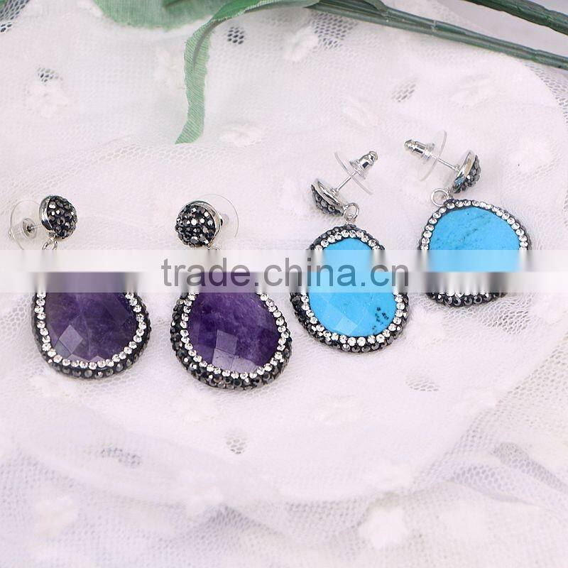 Natural Turquoise Agate Amethyst Gem Stone Earring, Free Form shape Pave Crystal Jewelry Stud Druzy Earrings