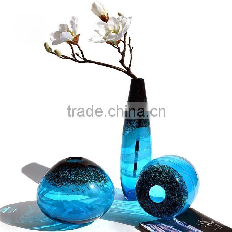 Mouth Blowing Sea Blue Color A Set Of Art Mediterranean Style Glass Vase For Centerpieces Wedding