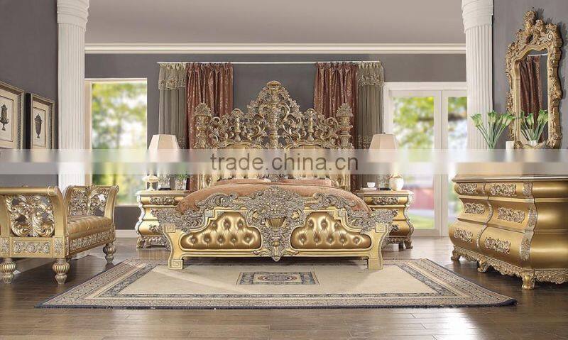 Classic King Size Solid Wood Bedroom Set/Golden Color Italian Style Hotel And Villa Bedroom Furniture(MOQ=1 SET)