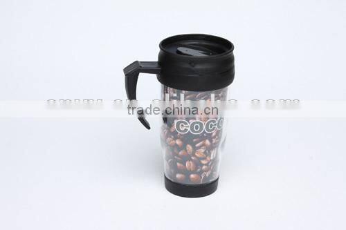 BPA free 450ml double wall plastic mug with paper insert/advertising mug with handle